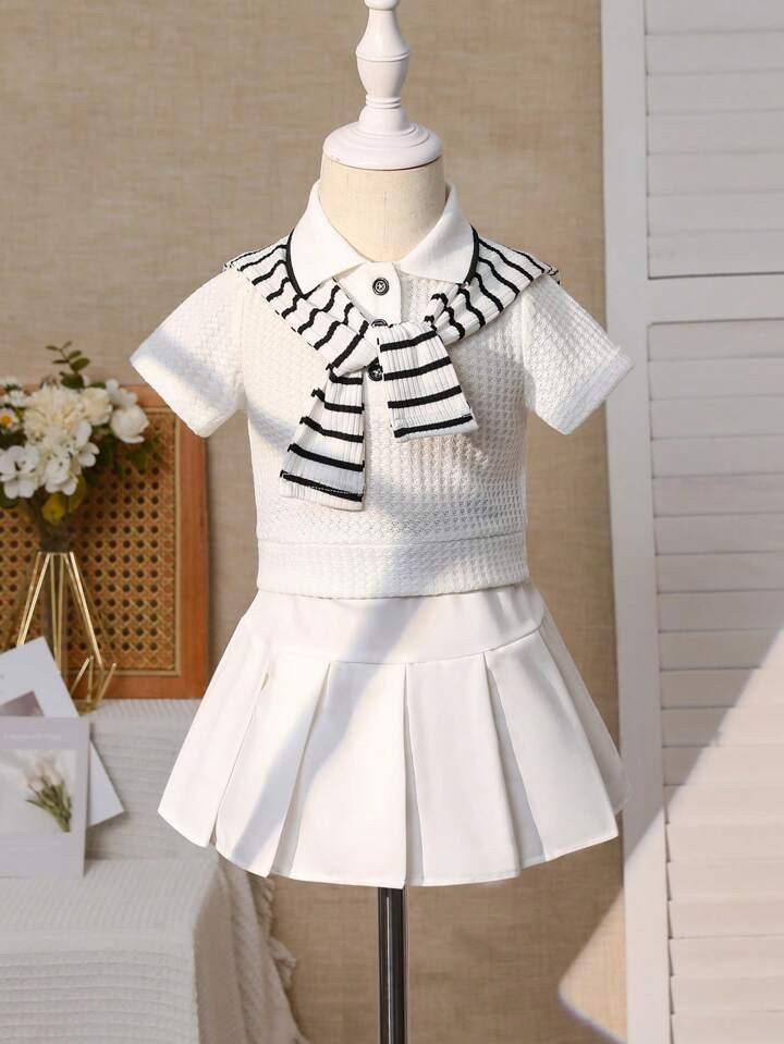 SHEIN Baby Girls' Casual Fashionable Lady Polo Short Sleeve Top & Pleated Skirt Set, Comes With S... | SHEIN