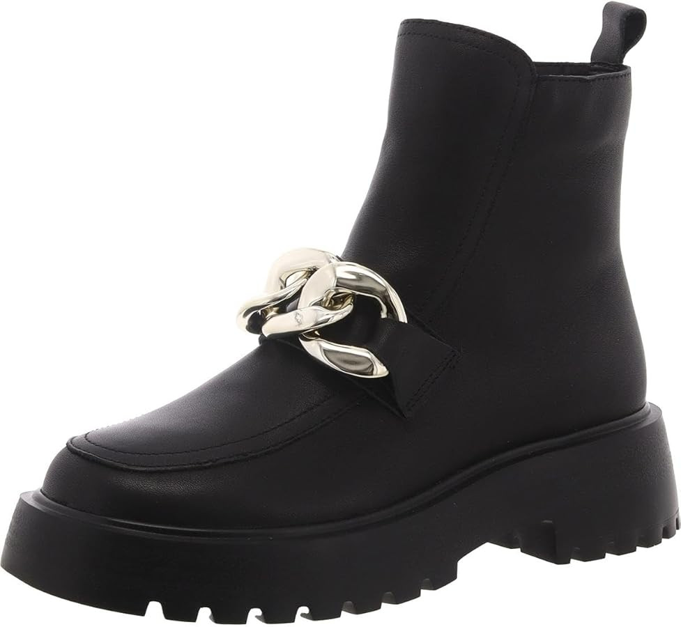 Steve Madden Cleo Black Leather Chunky Lug Sole Curb Chain Round Toe Ankle Boots | Amazon (US)
