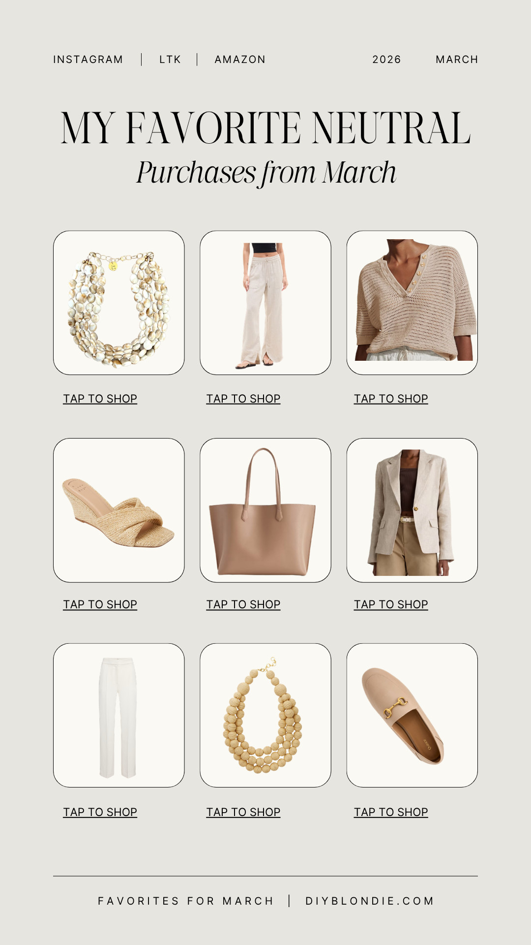 Neutral favorites I’m loving this month 🤍

These are the kind of pieces that never go out of style—classic, elevated, and so easy to mix + match for everyday outfits.

Think effortless, put-together looks without overthinking it 👏

Linking all of my March favorites + similar options ✨

#spring #neutrals #favorites 

 #LTKOver40 #LTKMidsize #LTKTall