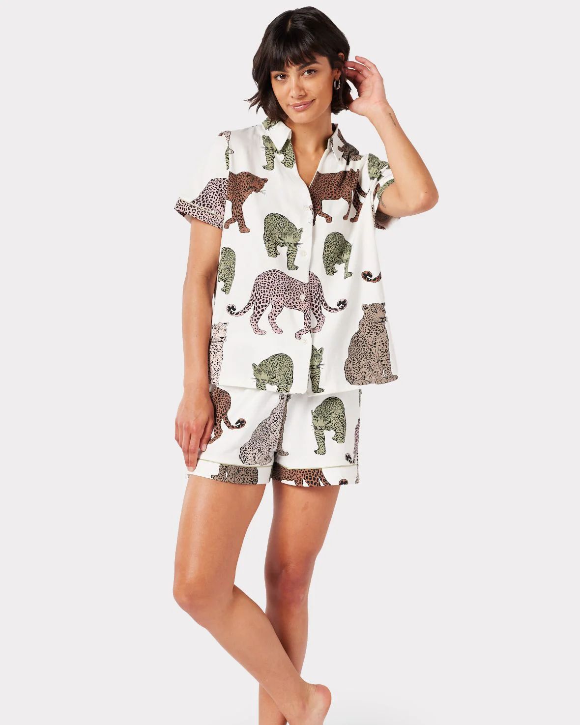 Organic Cotton Cream Leopard Print Short Pyjama Set | Chelsea Peers NYC