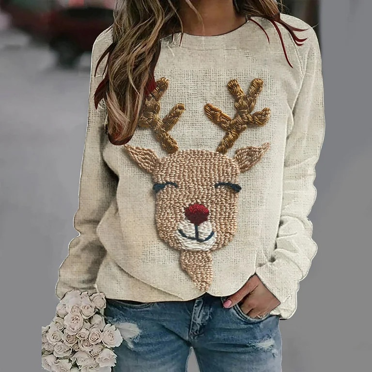 NSLGXD Women Christmas Reindeer Graphic Sweatshirts Cute Long Sleeve Ralan Shirts Winter Holiday ... | Walmart (US)