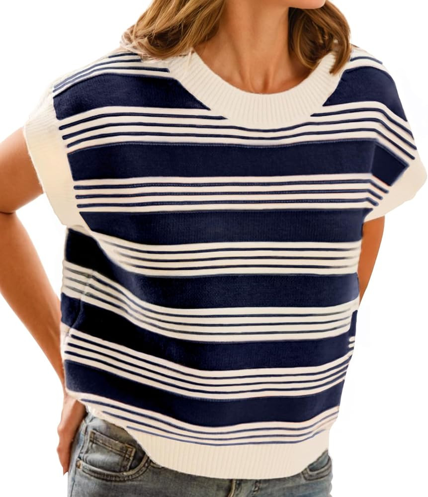 FireSwan Womens Cap Sleeve Sweater Vest Striped Color Block Loose Tank Tops Trendy Vacation Outfi... | Amazon (US)
