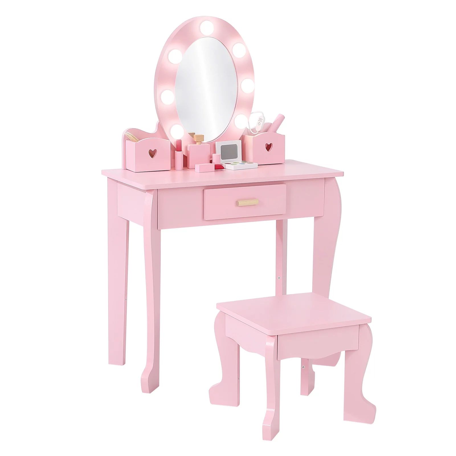 Girl Vanity Table and Chair Set, Kids Wood Makeup Dressing Table with Lights, Mirror, Drawer & St... | Walmart (US)
