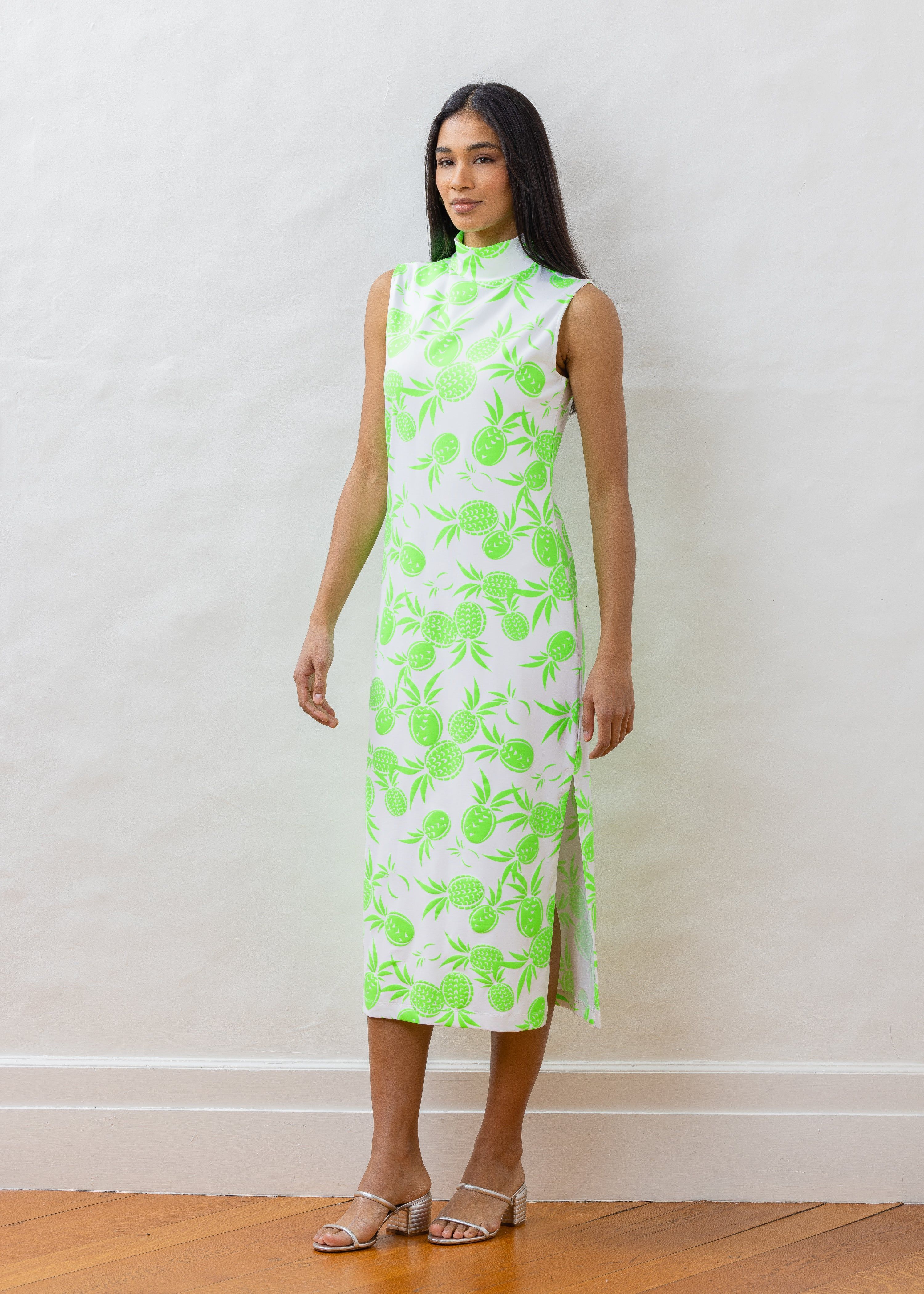 Lauren Maxi Dress in Repreve® Jersey (Green Pineapple Print) | Dudley Stephens