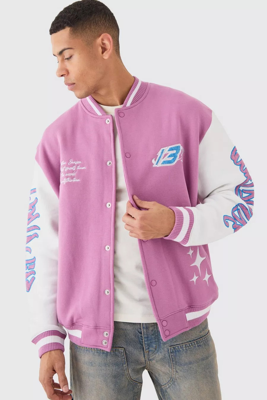 Oversized Worldwide Applique Jersey Bomber Jacket | Boohoo.com (NL)