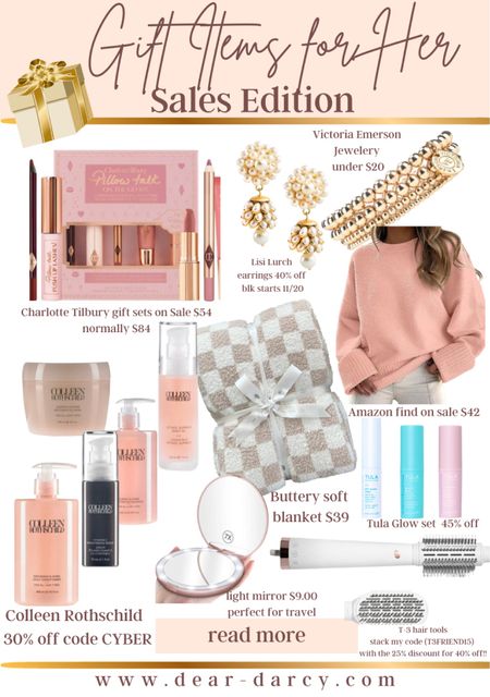 Gifts for her SALEs edition

Great gift ideas that are on Sale…
Use my codes and on some use my codes to stack for bigger codes. 

Charlotte Tilbury gift sets major sale no code needed

Victoria Emerson $15-20 deals 

Lisi lurch  40% off  all jewelry
blk starts 11/20

Colleen Rothschild 
Save 30% code Cyber

Amazon sweater on sale $42.99 normally $63

Buttery soft blanket $ale $39

Tula 45% off use code DARCY15

T3 hair tools 
stack my code (T3FRIEND15) with the 25% discount for 40% off!!

Great portable/travel mirror  under $10 





#LTKGiftGuide #LTKsalealert #LTKCyberWeek