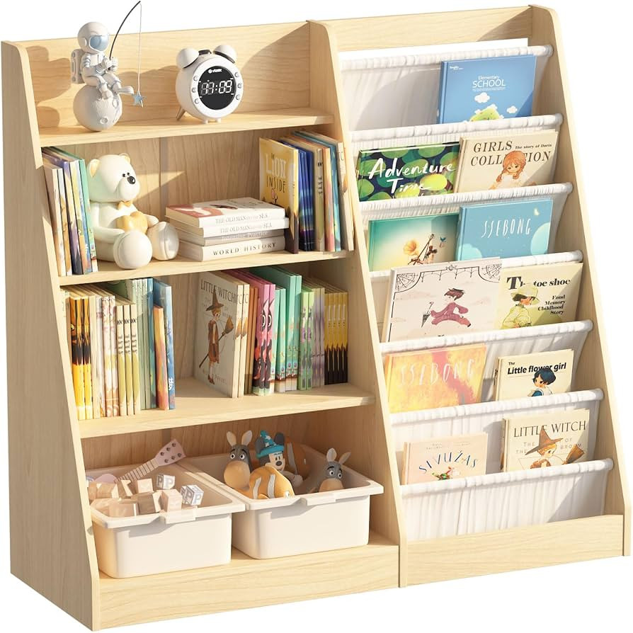 4 Tier Kids Bookshelf Baby Toddler Book Rack Children Bookcase Toy Storage Organizer with 6 Sling... | Amazon (US)