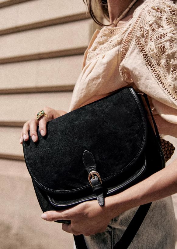 Large Roméo Bag - Black Bi-Material - Split cowhide leather - Sézane | Sezane Paris