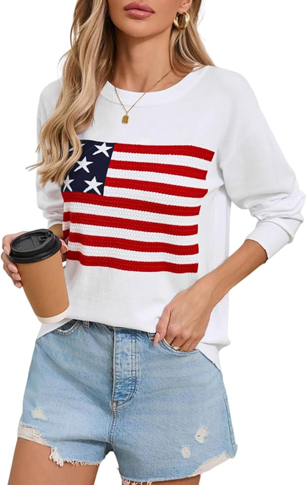 Women's Lightweight Thin Knit Sweater Long Sleeve Crew Neck American Flag Pullover Sweaters | Amazon (US)