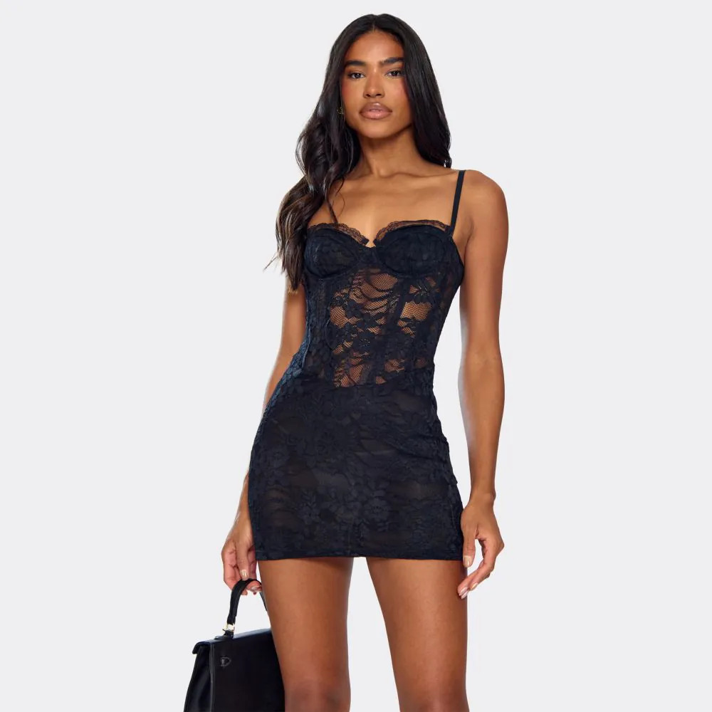 Strappy Underwired Lace Trim Corset Detail Mini Dress In Black | EGO (UK)