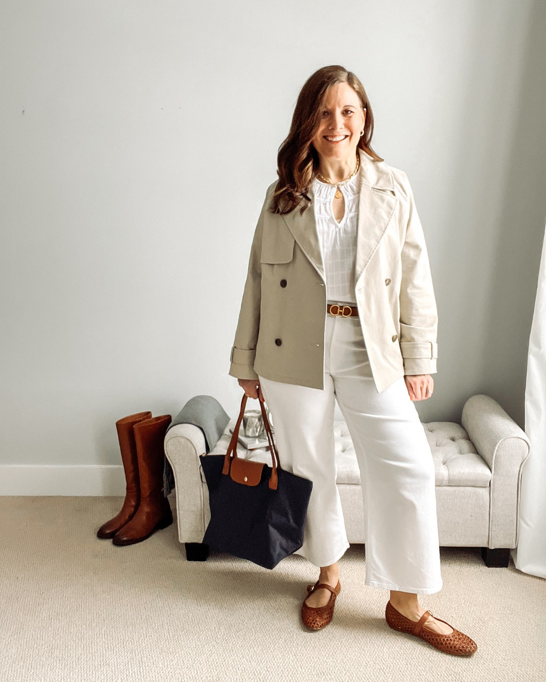 I love a two-tone look for spring with white and khaki! This white top is your elevated alternative to a white tee for spring. These jeans are so comfy and the pockets are nude so there’s no show through! Fit notes: jeans TTS, Top fits loose/in S, trench fits loose/in S, Mary Janes fit loose/go down 1/2 size. #springoutfit #springcapsulewardrobe 

#LTKSaleAlert #LTKFindsUnder50 #LTKMidsize