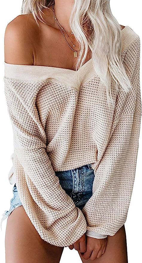 ReachMe Women's Oversized Off Shoulder Pullover Tops Long Sleeve Loose Fit Waffle Knit Tops | Amazon (US)