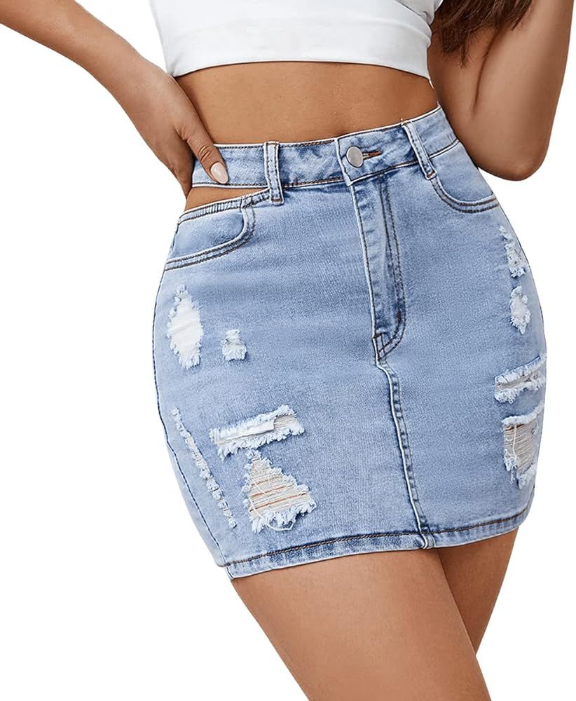 SweatyRocks Women's Casual Distressed Ripped Raw Hem Bodycon Mini Denim Skirt | Amazon (US)