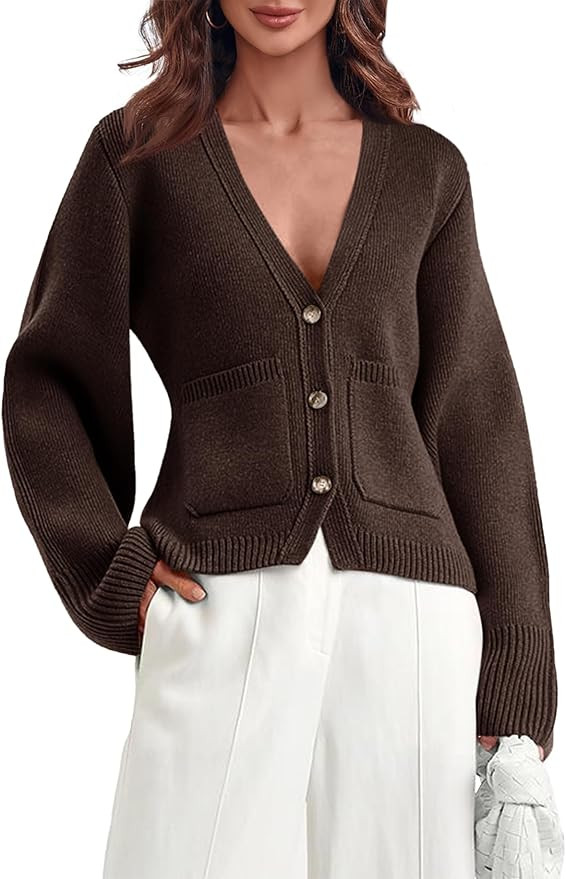 Saodimallsu Womens Deep V Neck Cardigan Sweaters Open Front Button Down Long Sleeve Cropped Knit ... | Amazon (US)