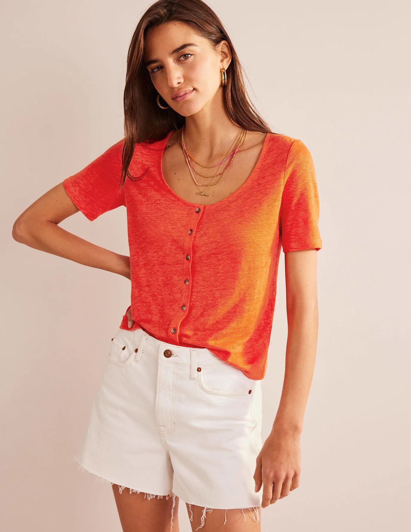 Scoop Neck Linen T-shirt - Blood Orange | Boden (US)