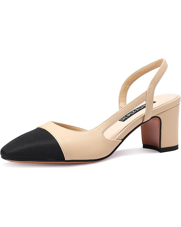 Adrizzlein Womens Slingback Heeled Pumps Closed Round Toe Block Heels Two Toned Casual Chunky Hee... | Amazon (US)