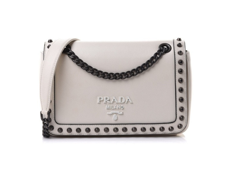 Prada White Glace Leather Studded Trim Crossbody Handbag | JTV Jewelry