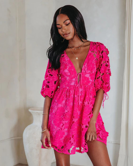 Paulette Floral Crochet Lace Mini Dress - Hot Pink | VICI