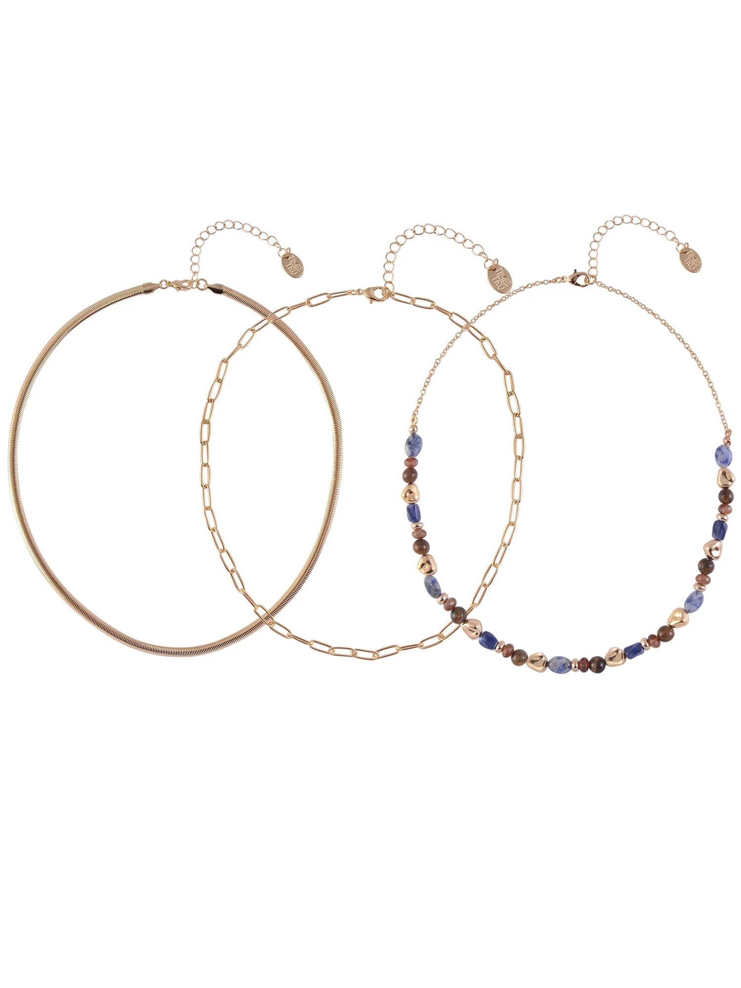 Time and Tru Women's Layered Blue and Brown Beads with Snake and Oval Chain Goldtone 3pc Necklace | Walmart (US)