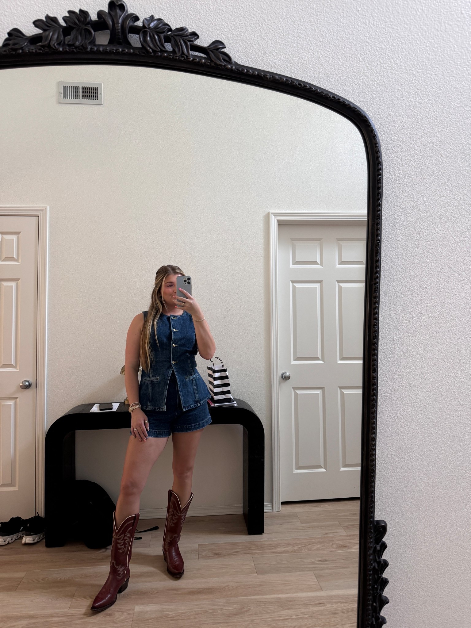 pre-fall ootd, denim set, meshki, cowboy boots outfit

#LTKFindsUnder100 #LTKStyleTip #LTKShoeCrush