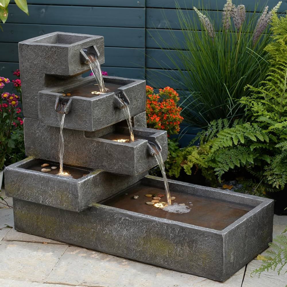 Tiered Water Fountain Outdoor Garden - Waterfall Indoor Freestanding Cascade Fountain Concrete Ar... | Amazon (US)