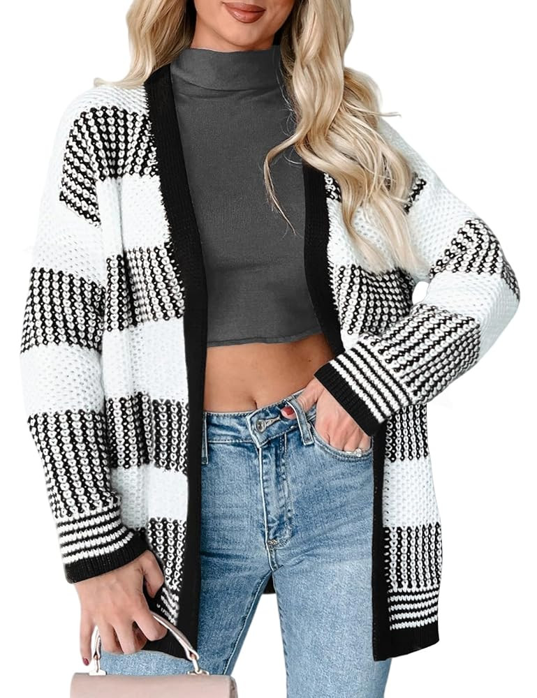 VIMPUNEC Fall Cardigan Sweaters for Women Color Block Knit Striped Jackets Long Sleeve Open Front... | Amazon (US)