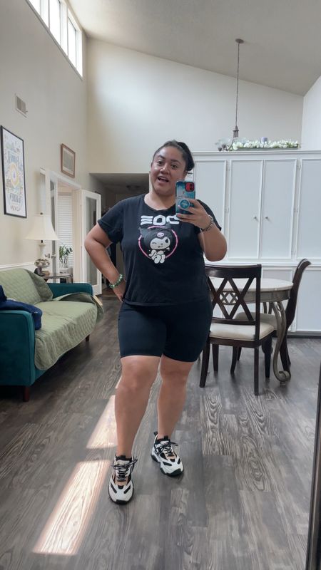 Great bike shorts for running errands with these massive pockets that fit iphone and keys. Great neutral chucky snakers. Fun Sanrio tee from Hot Topic with Kuromi

#LTKcurves #LTKover40 #LTKmidsize