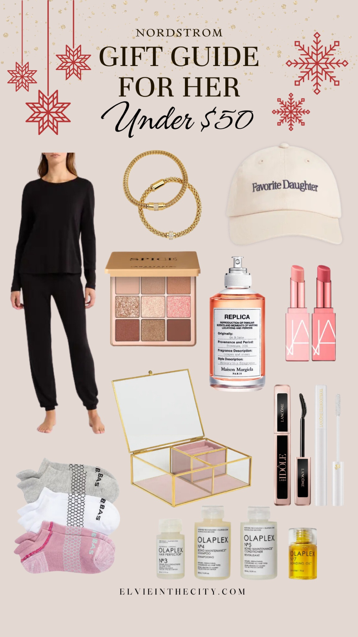 This gift guide for her includes gifts under $50 from Nordstrom. Picks include a two-piece pajama set, a set of gold bracelets, a Favorite Daughter hat, an eyeshadow palette, Replica perfume, NARS lipsticks, a set of Bombas socks, a jewelry box, Lancôme mascara and lash primer set, and an Olaplex repair strength and shine gift set.

Gifts for her, gifts for mom, gifts under 50

#LTKStyleTip #LTKGiftGuide #LTKFindsUnder50