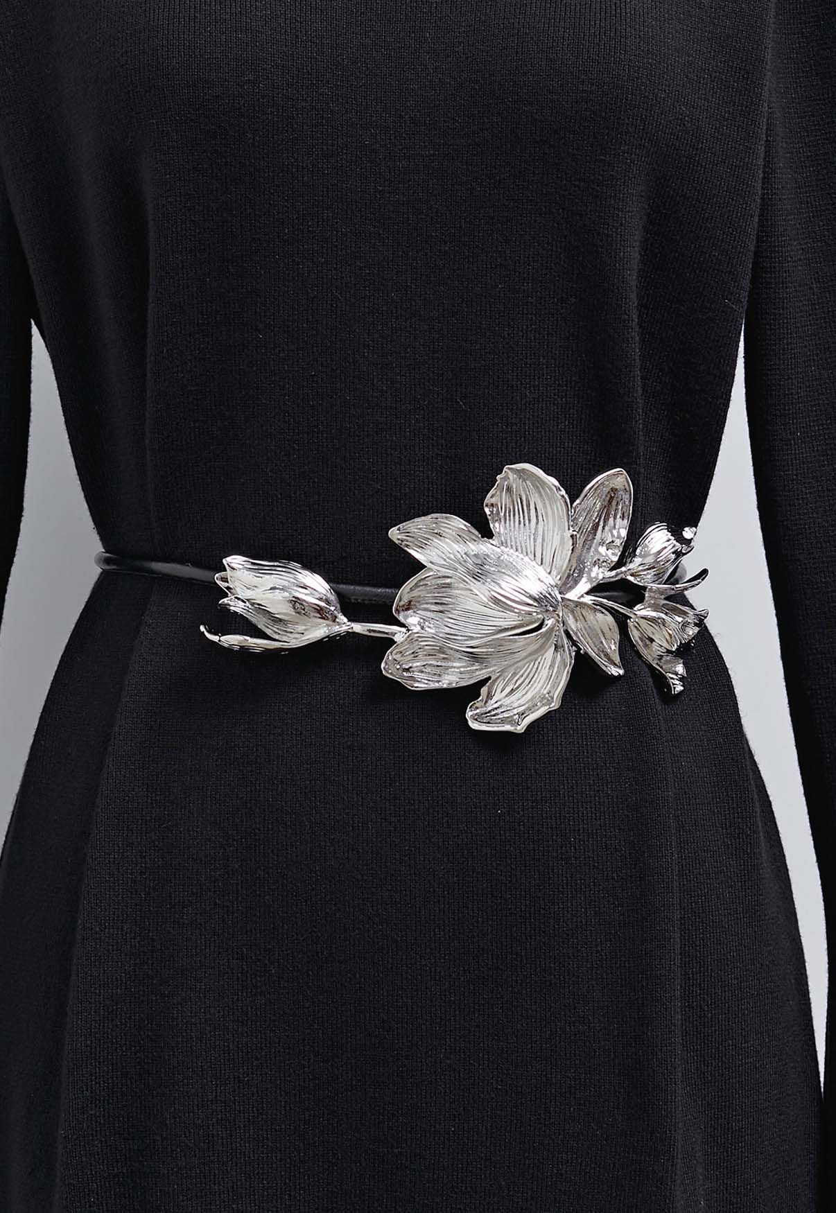 Sculpted Metal Flower Leather Slim Belt in Silver | Chicwish