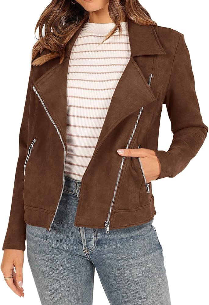 KIRUNDO Womens Faux Suede Jacket 2024 Fall Winter Clothes Casual Zipper Cropped Coat Bomber Biker... | Amazon (US)