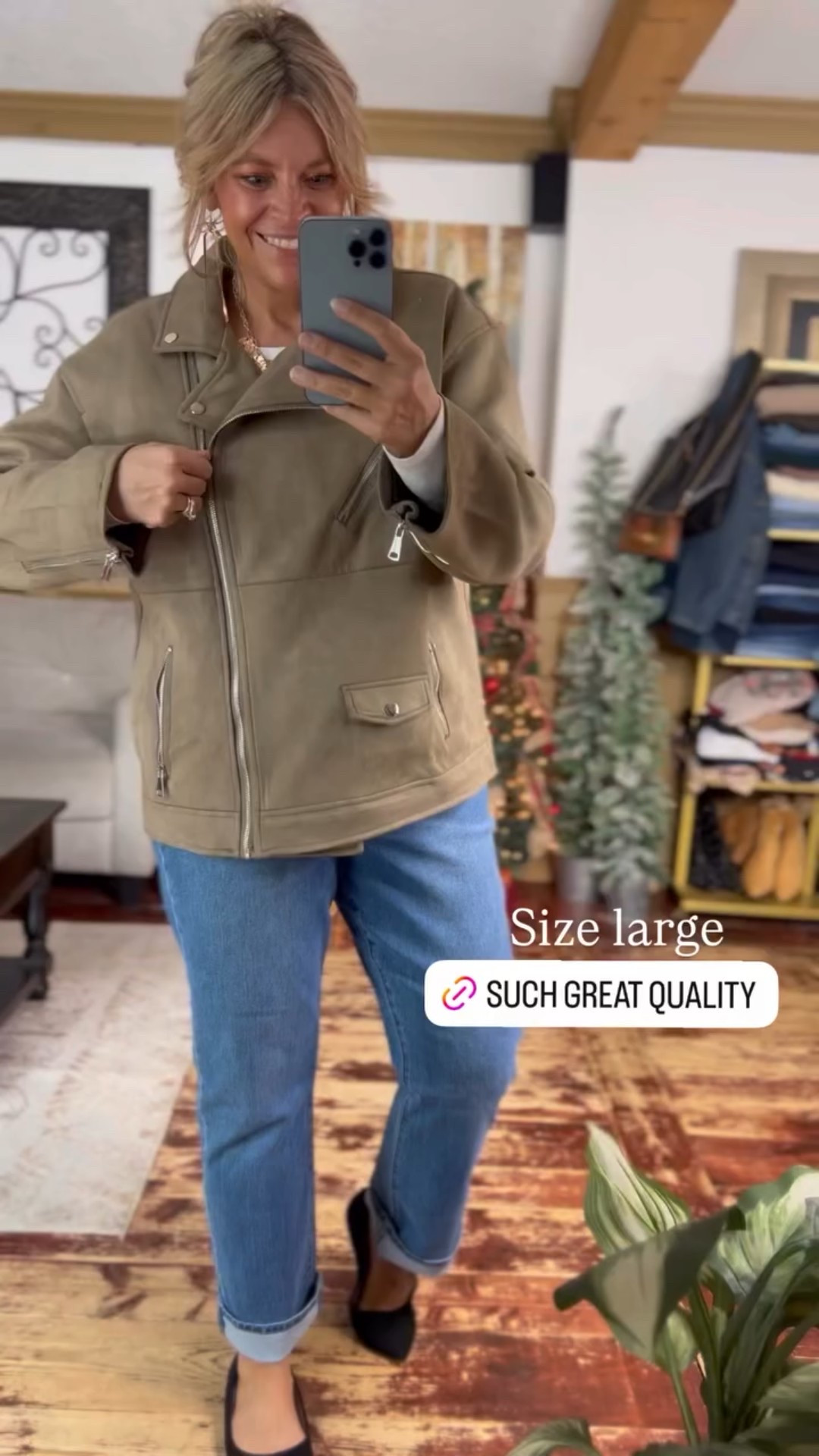 Size large in this gorgeous faux suede moto jacket; straight leg jeans size 14. 

#LTKMidsize #LTKFindsUnder50 #LTKSeasonal