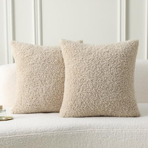 FUTEI Beige Throw Pillow Covers 24x24 Inch Set of 2,Furry Faux Fur Teddy Boucle Textured Cushion Covers,Soft Fluffy European Pillow Shams,Home Decor for Couch Bed Living Room Office Car | Amazon (US)
