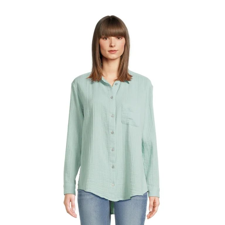 Time and Tru Women’s Double Cloth Shirt with Long Sleeves, Sizes XS-XXXL | Walmart (US)