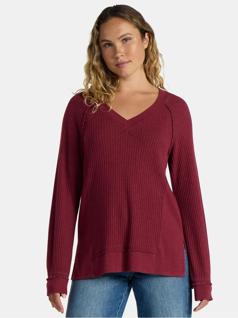 Time and Tru Women's and Women's Plus V Neck Tunic Sweatshirt with Long Sleeves, Sizes XS-4X - Wa... | Walmart (US)