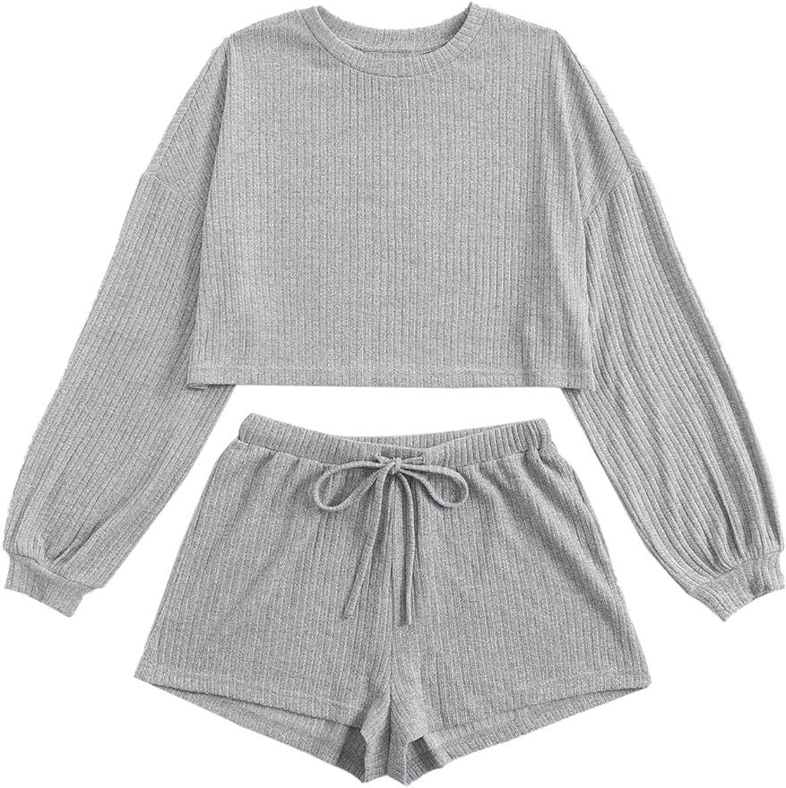 Verdusa Women's 2 Piece Drop Shoulder Rib Knit Crop Top & Elastic Waist Shorts Set | Amazon (US)