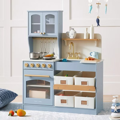 Tiny Land® Pretend Play Kitchen for Kids - Serenity Wooden Kitchen – Blue | Target
