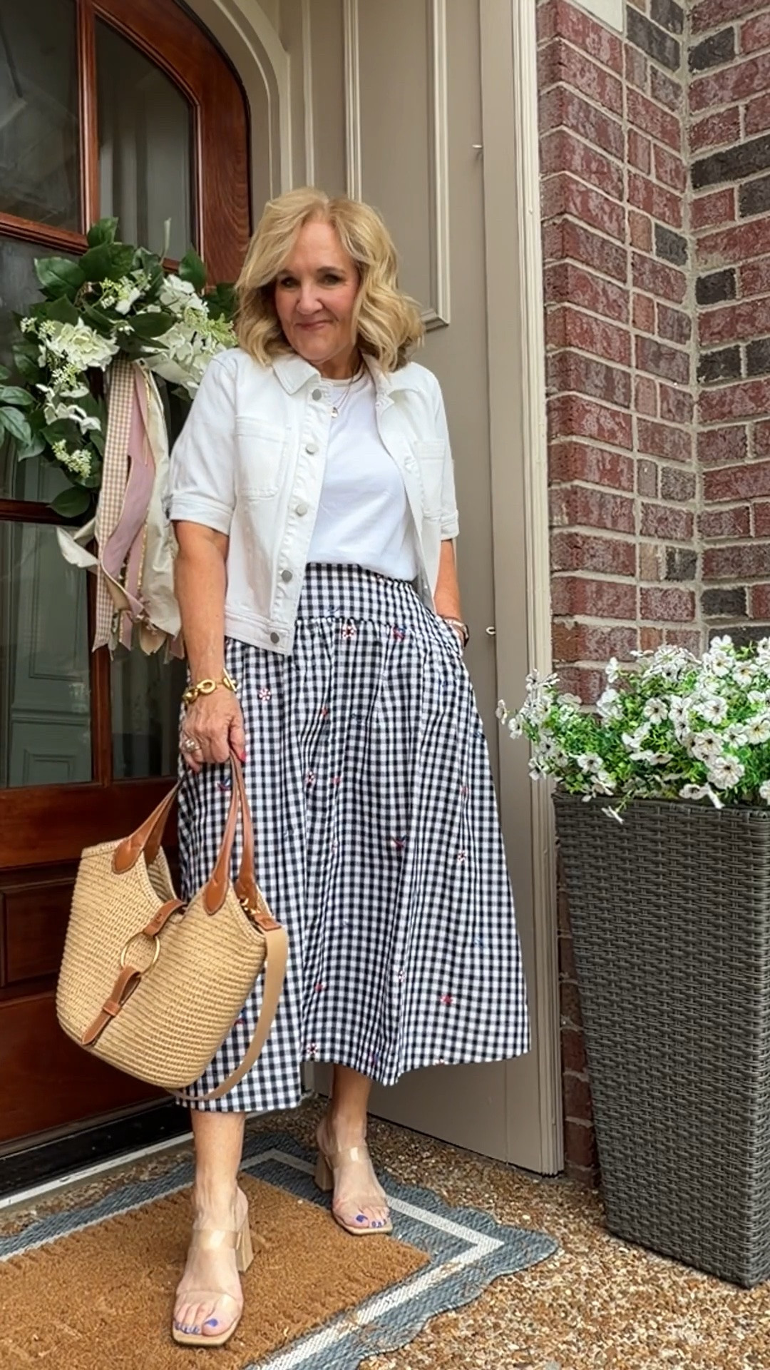 Walmart skirt restocked! Wearing a medium 
Denim jacket size med 
10% off my bag code NANETTE 

4th of July outfit Memorial Day

#LTKOver40 #LTKSeasonal #LTKootd