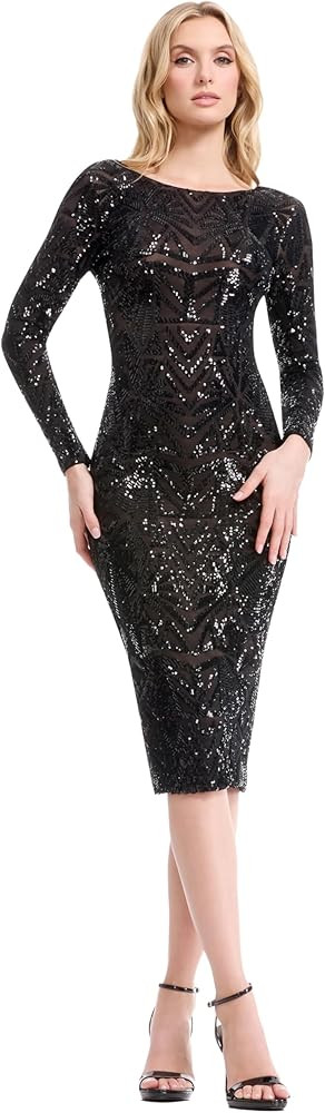 Dress The Population Womens Emery Long Sleeve Stretch Sequin Midi SheathDress | Amazon (US)