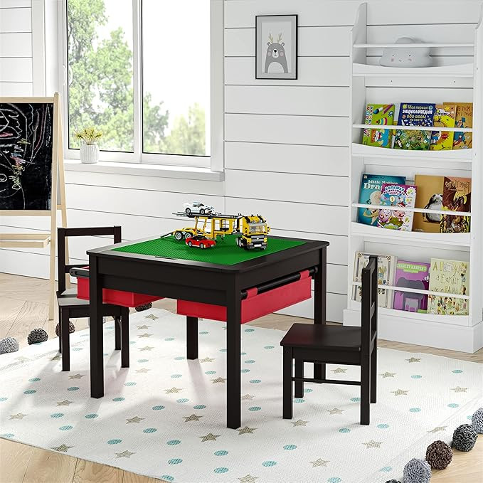 UTEX Wooden 2 in 1 Kids Construction Play Table and 2 Chairs Set with Storage Drawers, and Built ... | Amazon (US)