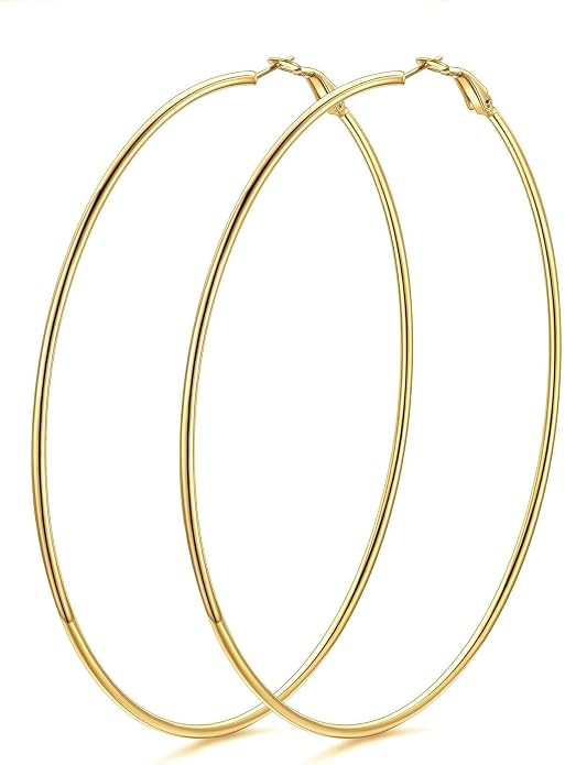 KeyStyle Gold Hoop Earrings for Women, Stainless Steel Hoops Earring Lightweight Loops, 2 mm Thic... | Amazon (US)