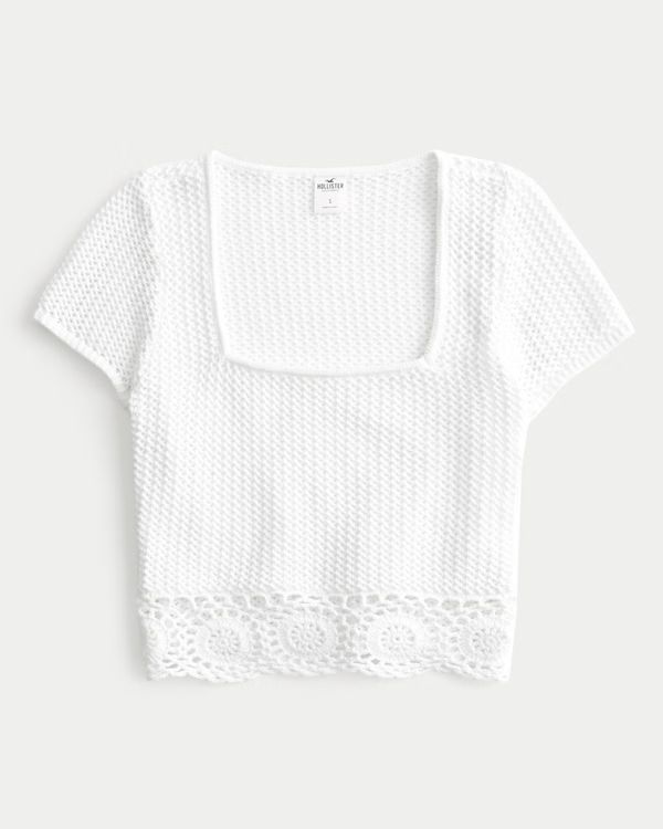 Short-Sleeve Square-Neck Crochet-Style Top | Hollister (US)