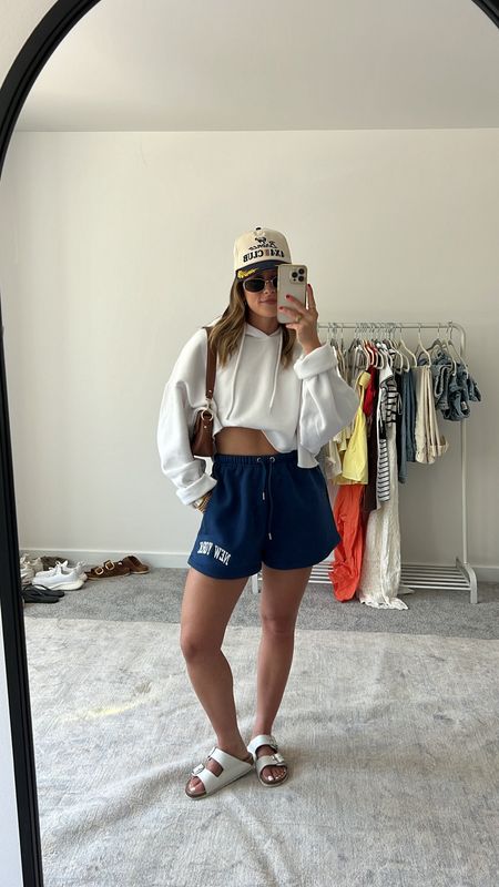 6/1/24 Comfy cozy summer outfit 🫶🏼 lounge shorts, white sweatshirt, white cropped hoodie, fleece shorts, summer fashion, casual summer outfits, casual summer fashion 