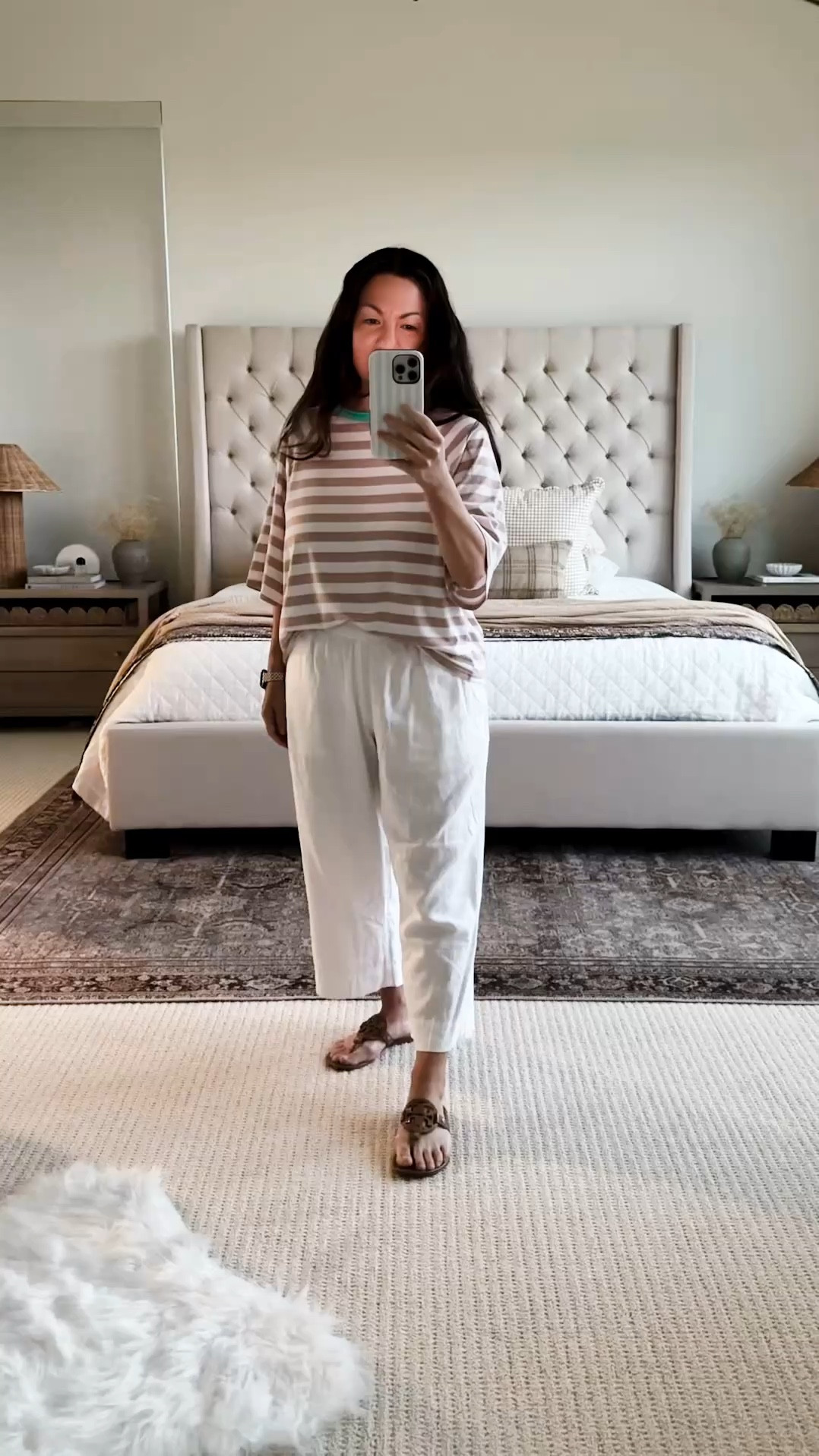 Easy neutral everyday outfit with Amazon striped tee and classic sandals paired with lightweight white pants for a comfortable summer look you can wear on repeat, perfect casual outfit idea for moms, everyday style, neutral outfit inspiration, affordable fashion finds, Amazon outfit idea, spring outfit, beach vacation outfit, summer outfit, Old Navy white linen pants outfit, casual chic summer outfit, simple wardrobe staples, effortless daily outfit. Follow me on LTK for daily fashion, home decor & Amazon finds.

#LTKdayinmylife #LTKOver40 #LTKPetite