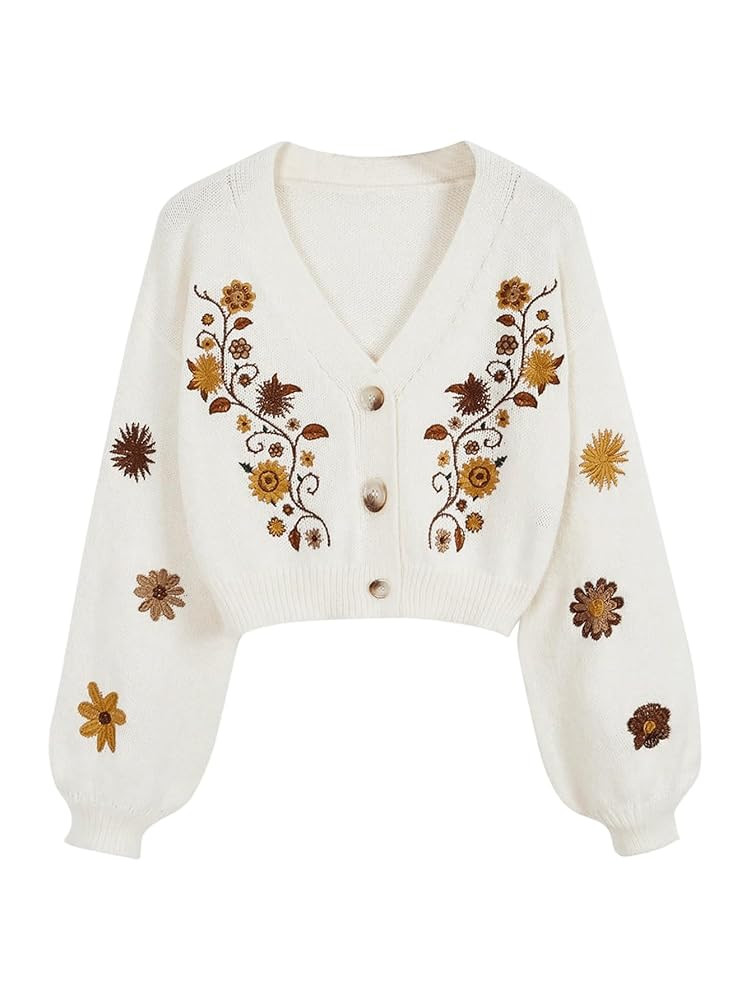 Women's Floral Boho Cardigan Sweater Cottagecore Cropped Cardigan Western Embroidery Button Down ... | Amazon (US)