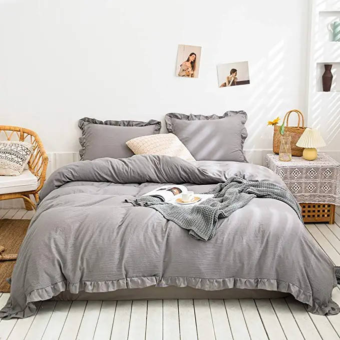 Grey Bedding Set Queen Grey Ruffled Duvet Cover Set Shabby Chic Farmhouse Ruffled Fringe Light Gr... | Amazon (US)