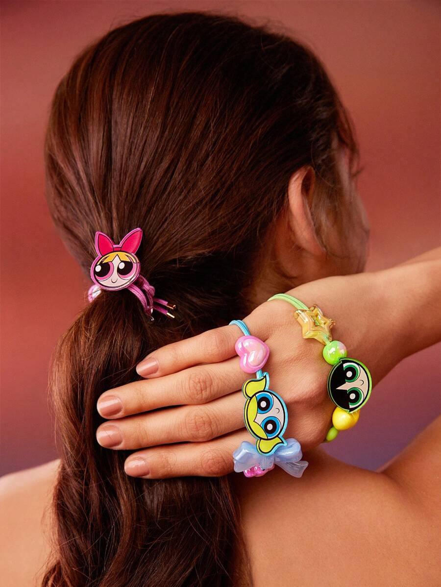 THE POWERPUFF GIRLS X SHEIN 3pcs Lovely Beaded High Elasticity Hair Ties | SHEIN