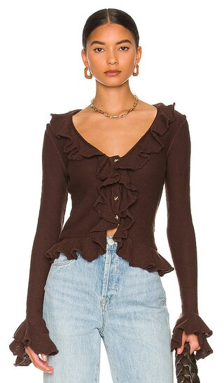 Ruffle Sweater Cardigan in Truffle Brown | Revolve Clothing (Global)