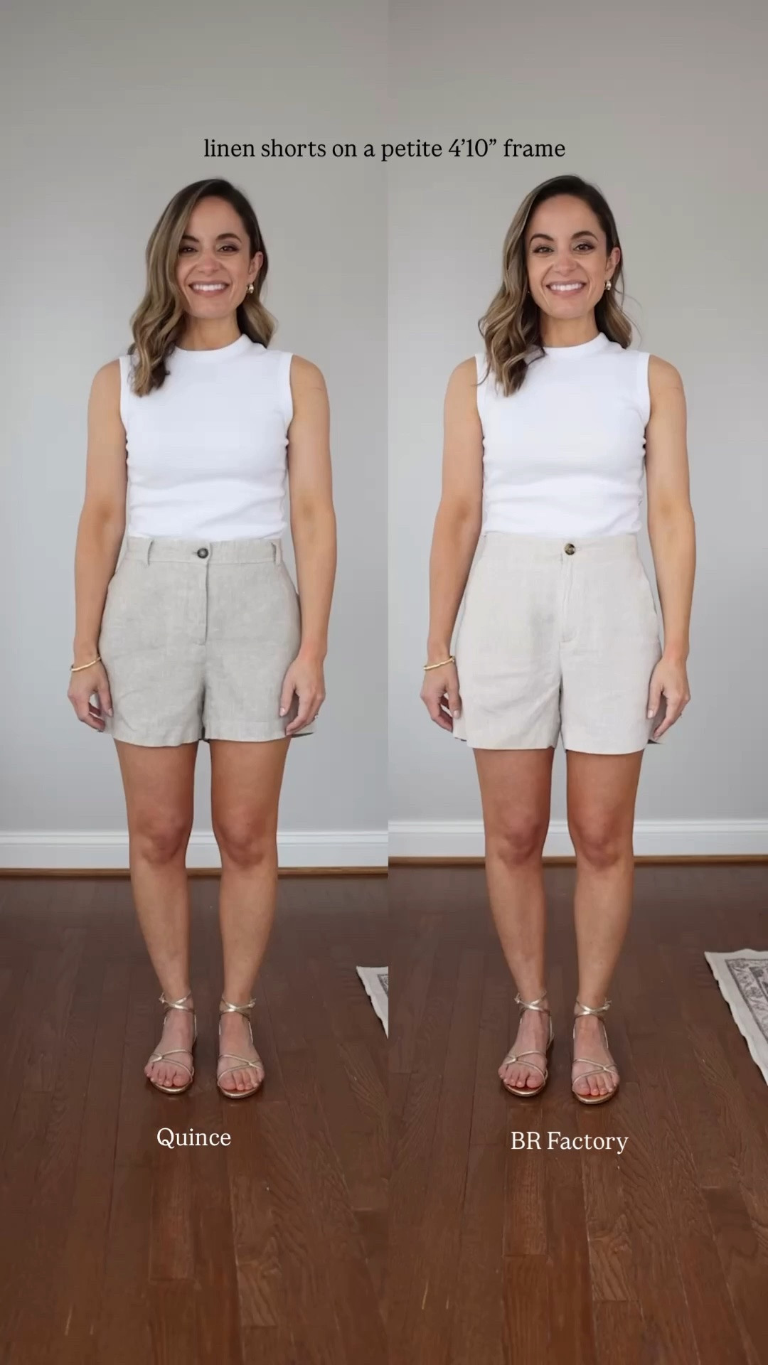 Another side by side! This one for two pairs of linen shorts with a similar style. 

The Quince pair is 100% cotton, fully lined (and also mostly sold out). 

The BR Factory pair is an in stock option with a very similar fit. They’re a linen blend, unlined but not sheer. They also have a slightly longer inseam, 4” to the 3 3/4” inseam in the Quince pair. They also come in more color options. 

Quince shorts: 0 
BR Factory shorts: xxs 
Madewell tank top: xxs 
Sandals: true to size