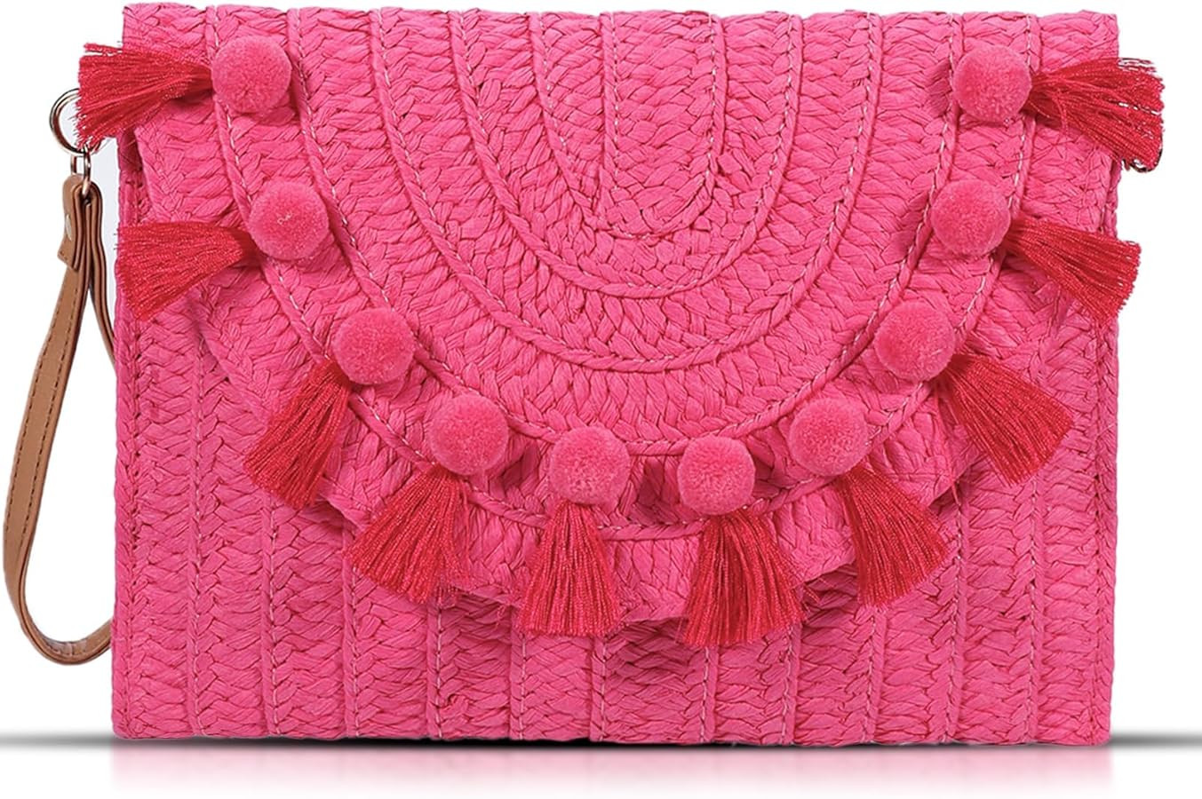 Straw Crossbody Bag for Women, Pink Clutch Purses, Bohemian Handmade Woven Handbags, Tassels Summ... | Amazon (US)