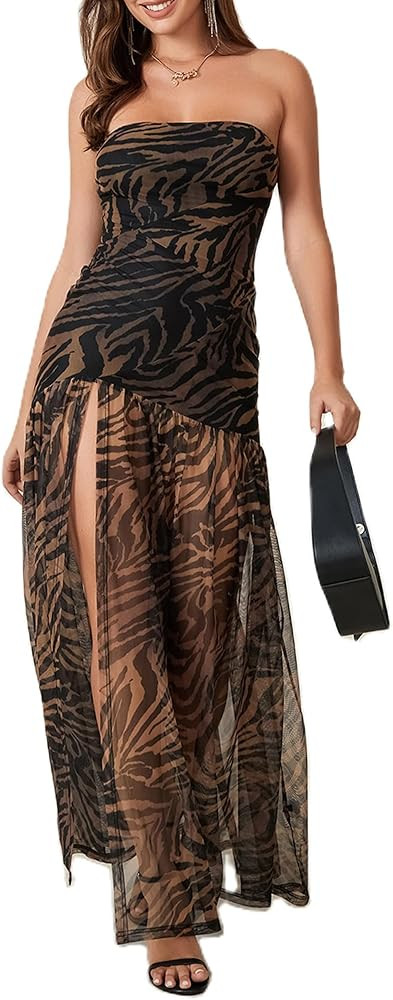 Women Strapless Tube Top Dress Summer Backless Leopard Print High Slit Long Dress Party Club Nigh... | Amazon (US)